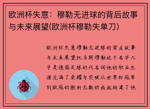 欧洲杯失意：穆勒无进球的背后故事与未来展望(欧洲杯穆勒失单刀)