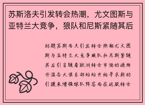 苏斯洛夫引发转会热潮，尤文图斯与亚特兰大竞争，狼队和尼斯紧随其后