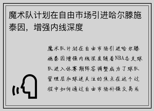 魔术队计划在自由市场引进哈尔滕施泰因，增强内线深度