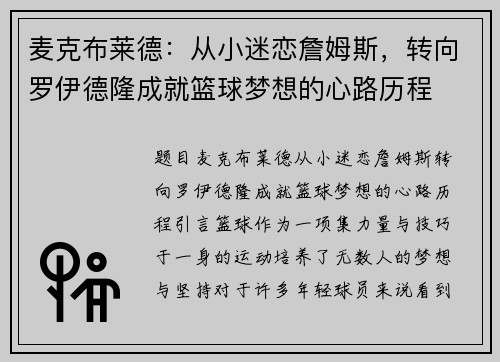 麦克布莱德：从小迷恋詹姆斯，转向罗伊德隆成就篮球梦想的心路历程