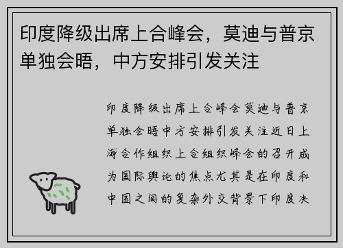 印度降级出席上合峰会，莫迪与普京单独会晤，中方安排引发关注