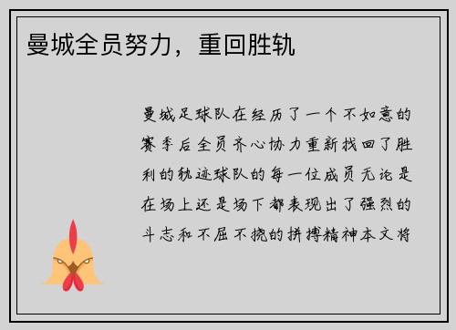 曼城全员努力，重回胜轨