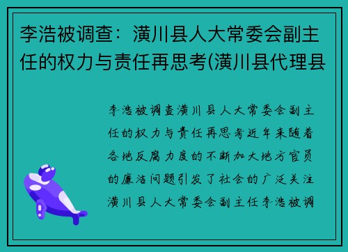 李浩被调查：潢川县人大常委会副主任的权力与责任再思考(潢川县代理县长)