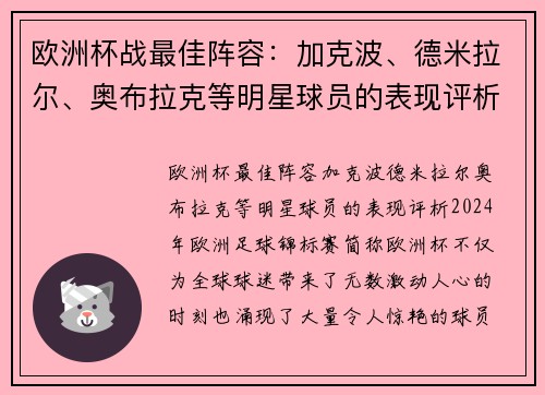 欧洲杯战最佳阵容：加克波、德米拉尔、奥布拉克等明星球员的表现评析